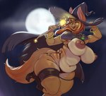 anthro big_breasts breasts brown_body brown_fur clothing female fur hat headgear headwear holding_wand mammal mature_female moon navel nipple_dip nipples slightly_chubby slightly_chubby_female solo thick_thighs vondranart witch_hat