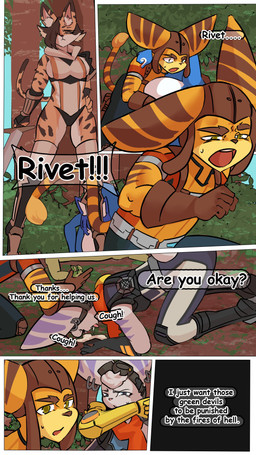 action_pose action_scene angry anthro blush breasts carrying_another clothed clothing dialogue duo female group male melee_weapon nipples nude nude_anthro pink_nipples polearm pose prosthetic prosthetic_arm prosthetic_limb robotic_arm running spacesuit spear speech_bubble striped_body stripes surprised tattoo teeth text weapon wuwutim nintendo ratchet_and_clank sony_corporation sony_interactive_entertainment star_fox fan_character krystal_(star_fox) ratchet_(ratchet_and_clank) rivet_(ratchet_and_clank) cheetah domestic_cat felid feline felis lombax mammal 4k 9:16 absurd_res comic crossover english_text hi_res multiple_scenes