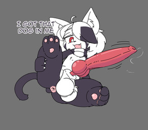 ahoge anthro anus ball_tuft balls big_penis black_hair black_markings black_scarf bodily_fluids chest_tuft claws clothing cute_fangs dialogue dripping facial_markings fangs finger_claws genital_fluids genitals grey_background hair hair_over_eye head_markings huge_penis inner_ear_fluff knot knotted_penis looking_at_viewer male markings open_mouth pattern_clothing pattern_scarf pawpads penis pink_anus pink_pawpads pointy_ears precum precum_drip presenting presenting_anus red_eyes red_penis scarf simple_background solo striped_clothing striped_scarf stripes tail teeth text thick_thighs throbbing throbbing_penis tuft white_balls white_hair white_scarf jratking umbra_(defunctumbra) domestic_cat felid feline felis mammal 2026 absurd_res english_text hi_res