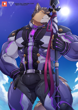 anthro barazoku blue_sky bodysuit brown_body brown_fur clothing cloud crystal eyebrows facial_hair fur jewelry lens_flare low-angle_view male melee_weapon muscular muscular_anthro muscular_male necklace pecs polearm skinsuit sky solo spear superhero thick_eyebrows tight_clothing weapon estper lifewonders live_a_hero pubraseer canid canine canis domestic_dog mammal absurd_res hi_res