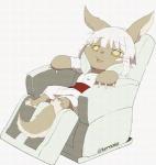 ambiguous_gender anthro biped brown_body brown_fur fur hair horizontal_pupils massage_chair open_mouth pupils simple_background sitting smile solo vibrating whiskers white_background white_hair yellow_eyes young terazip made_in_abyss nanachi lagomorph leporid mammal narehate rabbit animated short_playtime