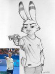 2024 2024_paris_olympics 3:4 aiming anthro biped clothed clothed_anthro clothed_male clothing dated disney foxinkartist front_view fur greyscale gun half-length_portrait handgun hi_res holding_gun holding_handgun holding_object holding_pistol holding_ranged_weapon holding_weapon jack_savage lagomorph leporid male male_anthro mammal monochrome olympics photo_reference pistol portrait rabbit ranged_weapon reference_image signature solo standing traditional_media_(artwork) weapon yusuf_dikec zootopia