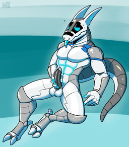 2_toes 5_fingers abs abstract_background antennae_(anatomy) anthro athletic balls biped black_penis blep blue_claws blue_eyes blue_tongue bodily_fluids circumcised claws digitigrade dripping erection feet fingers front_view genital_fluids genitals glans glowing glowing_claws grey_body grey_glans horn humanoid_genitalia humanoid_penis leaking_precum looking_down machine male masturbation multicolored_body muscular muscular_male navel nude pecs penis precum precum_drip screen_eyes sitting solo sweat sweatdrop tail toes tongue tongue_out white_body 60percentscalie komuros android robot robot_anthro synth_(vader-san) 2020 digital_drawing_(artwork) digital_media_(artwork) hi_res signature