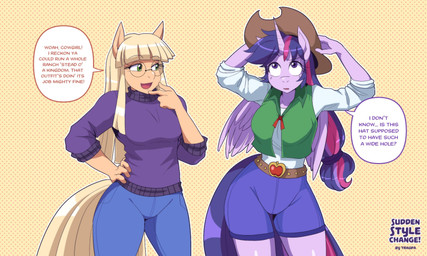 alternate_costume anthro belt clothing clothing_swap cowboy_hat duo eyewear female glasses hair hat headgear headwear horn ponytail role_reversal simple_background sweater topwear vest wings traupa friendship_is_magic hasbro my_little_pony mythology applejack_(mlp) twilight_sparkle_(mlp) earth_pony equid equine horse mammal mythological_creature mythological_equine pony winged_unicorn hi_res