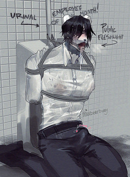 alternative_fashion anthro arms_tied bathroom bdsm belt bodily_fluids bondage bottomwear bound clothing collared_shirt cum cum_drip cum_from_mouth cum_in_mouth cum_inside dripping drooling emo erection erection_under_clothing gag gagged genital_fluids hands_behind_back implied_watersports kneeling male male_anthro nipple_piercing nipples open_mouth pants piercing restraints ring_gag rope rope_bondage rope_harness saliva shirt solo submissive submissive_anthro submissive_male tenting tongue tongue_out tongue_piercing topwear urinal urine watersports milkbearbunny bunny_(milkbearbunny) bear mammal hi_res