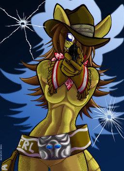abs aiming_at_viewer aiming_weapon anthro belt blue_eyes breasts brown_hair clothing cowboy_hat cracked_glass curvy_figure female genitals gloves gun gunshot hair handgun handwear hat headgear headwear initials kerchief long_hair mostly_nude navel neckerchief neckwear nipples non-mammal_breasts non-mammal_navel non-mammal_nipples pistol pointy_ears ranged_weapon smile smiling_at_viewer solo tail vulva weapon wide_hips yellow_body avencri tina_(avencri) armadillo mammal xenarthran 2006 dated