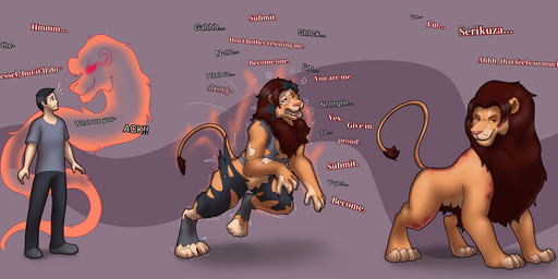 4_toes after_transformation arm_tuft biped biped_to_quadruped black_hair black_lips brown_body brown_fur cheek_tuft claws clothed clothing dialogue facial_hair facial_tuft fangs feet feral finger_claws footwear fur fur_growth growth hair half-closed_eyes human_to_feral hypnosis hypnotic_eyes identity_death lips long_hair loss_of_self male mane mid_transformation mind_control multicolored_body multicolored_fur narrowed_eyes open_mouth pink_nose possession red_hair ringed_eyes sharp_teeth shoes smug smug_expression snout snout_growth solo species_transformation tail tail_growth tail_tuft takeover teeth toes tongue tongue_out torn_shoes transformation tuft underwear verbal_reaction_to_tf yellow_sclera diethyl felid human lion mammal pantherine spirit 7:3 absurd_res hi_res