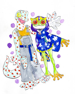 3_toes 4_fingers 4_toes 5_fingers ambiguous_gender anthro barefoot belt biped blep blue_clothing claws clothed clothing dress duo eyewear feet female fingers front_view fully_clothed gesture glasses goggles green_body jewelry looking_at_viewer male markings membrane_(anatomy) multicolored_body necklace open_mouth orange_clothing overalls pattern_clothing pink_tongue pupils red_eyes shirt simple_background smile spots spotted_body standing tail toes tongue tongue_out topwear waving white_background white_body kyokyota amphibian calling_gecko frog gecko lizard red-eyed_treefrog reptile scalie tokay_gecko tree_frog 2018 absurd_res full-length_portrait hi_res painting_(artwork) portrait signature traditional_media_(artwork) watercolor_(artwork)