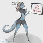 anthro blue_body blue_fur clothed clothing female fur hair horn looking_at_object looking_at_sign no_symbol pose sign solo symbol tail text topwear hardenonn mythology dragon mythological_creature mythological_scalie reptile scalie 1:1 hi_res