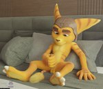 3d_(artwork) absurd_res anthro balls bed big_ears blender_(software) claws clothing digital_media_(artwork) english_text erection feet fur furniture genitals green_eyes hat headgear headwear hi_res lombax male mammal markings masturbation mostly_nude on_model penis pink_penis ratchet_(ratchet_and_clank) ratchet_and_clank ring_(marking) ringed_tail rockyrcoon sitting smile solo sony_corporation sony_interactive_entertainment spread_legs spreading striped_markings striped_tail stripes tail tail_markings tail_tuft text toe_claws tuft yellow_body yellow_fur