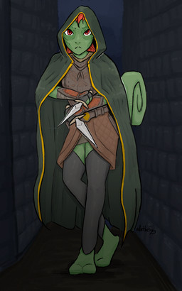 ambiguous_gender anthro armor cloak clothed clothing dagger fantasy frown green_body hair leg_warmers legwear looking_at_viewer melee_weapon red_eyes red_hair rogue scales solo tail weapon ellathefoxy fan_character chameleon lizard reptile scalie 5:8 hi_res