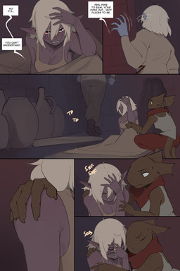 5_fingers anthro bedding biped blanket blue_body blue_skin bodily_fluids breasts brown_body brown_fin brown_scales brown_tail clothed clothing crying dialogue dialogue_box female fin fingers frown green_eyes group hair humanoid_pointy_ears motion_lines pointy_ears purple_body purple_skin red_eyes scales scar speech_bubble tail tears teeth text trio white_hair arbuzbudesh ko'osh_(arbuzbudesh) nameless_(arbuzbudesh) sasha_verant_(arbuzbudesh) dark_elf elf humanoid lizard ogre reptile scalie 2025 2:3 absurd_res colored comic english_text hi_res url