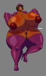 absurd_res anthro bear big_breasts breasts brown_body brown_hair clothing female footwear grey_background hair hat headgear headwear hi_res huge_breasts hyper jiqqy mammal shirt shoes simple_background solo thick_thighs thong topwear underwear yellow_eyes