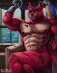 abs anthro ear_piercing ear_ring eye_patch eyewear fur gold_(metal) gold_tooth hook male male/male muscular piercing pirate red_body red_fur ring_piercing scar ship sitting solo tail vehicle watercraft yellow_eyes kaijurah five_nights_at_freddy's scottgames foxy_(fnaf) avian bird canid canine fox humanoid mammal parrot absurd_res hi_res