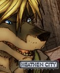 anthro black_nose blonde_hair blue_eyes brown_body brown_fur clothing fur green_clothing green_shirt green_topwear hair male open_mouth shirt solo tan_body tan_fur text tongue_showing topwear ayato distasty heathen_city owen_zelazny canid canine canis mammal wolf 2007 english_text low_res