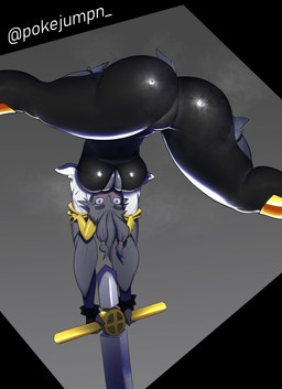 anthro antlers big_breasts big_butt black_bodysuit black_clothing black_skinsuit blue_eyes blush bodysuit breasts butt cleavage clothed clothing eyebrows eyelashes female floppy_ears fur grey_background grey_body grey_fur grey_nose holding_object holding_weapon horn lop_ears musk rear_view simple_background skinsuit solo thick_eyebrows thick_thighs tight_clothing upside_down weapon wide_hips pokejumpn pseudoregalia sybil_(pseudoregalia) bovid caprine goat hybrid jackalope lagomorph leporid mammal rabbit absurd_res hi_res