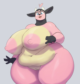 anthro areola big_breasts biped breasts female female_anthro fingers genitals heart_symbol huge_breasts looking_at_viewer multicolored_body nipples nude obese obese_anthro obese_female overweight overweight_anthro overweight_female pink_areola pink_body pink_nipples pupils simple_background smile thick_thighs vulva atherol nintendo pokemon generation_2_pokemon miltank pokemon_(species) hi_res