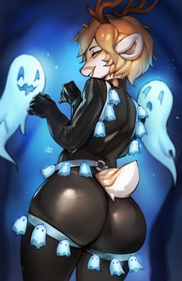 5_fingers anthro antlers big_butt blonde_hair butt clothed clothed_anthro clothing female fingers fur green_eyes hair horn looking_at_viewer looking_back looking_back_at_viewer looking_down looking_down_at_viewer rear_view smile solo tail tan_body tan_fur teeth shermugi deer ghost mammal spirit 2024 absurd_res digital_media_(artwork) hi_res