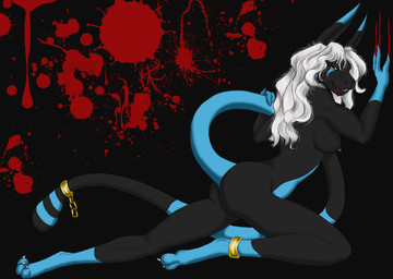 ankle_cuffs anthro black_background black_body black_fur blood blue_body blue_fur bodily_fluids breasts butt claws cuff_(restraint) female fur gold_(metal) gold_jewelry hair jewelry long_ears long_hair long_tail nipples presenting presenting_hindquarters red_eyes restraints shackles simple_background solo tail tail_cuff toe_claws white_hair yellow_sclera mistressvixen deathbead vampire