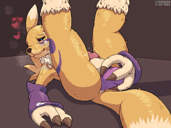 3_fingers after_orgasm anal anal_penetration animal_genitalia animal_penis anthro balls blue_eyes blush blush_lines bodily_fluids breath brown_background brown_claws canine_genitalia canine_penis claws closed_smile cum cum_drip cum_on_arm cum_on_face cum_on_own_face cum_on_self cum_string dildo dildo_in_ass dildo_insertion dipstick_ears dipstick_tail dripping ear_markings erection finger_claws fingers fur genital_fluids genitals heart_symbol knot legs_up looking_pleasured lying male markings masturbation mouth_closed multicolored_ears multicolored_tail object_in_ass on_back penetration penis pink_penis presenting purple_body purple_fur purple_markings purple_sclera reclining sex_toy sex_toy_in_ass sex_toy_insertion shadow simple_background smile smirk solo tail tail_markings tan_balls tan_body tan_fur tan_markings tan_tuft throbbing throbbing_penis toying_self tuft yellow_body yellow_fur yellow_tuft conditional_dnp phosaggro bandai_namco digimon canid canine digimon_(species) mammal renamon 2021 4:3 cel_shading dated digital_media_(artwork) pixel_(artwork) shaded signature