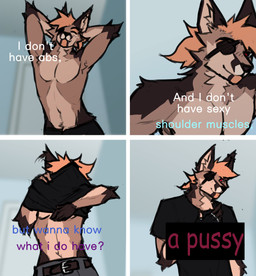 4_panel_comic anthro athletic athletic_anthro athletic_male biped brown_body brown_fur dressing eye_patch eyewear fur hair looking_at_viewer male orange_hair red_eyes shirtless_anthro shirtless_male solo standing text rooka canid canine canis coyote mammal 2024 absurd_res comic comic_sans digital_drawing_(artwork) digital_media_(artwork) english_text hi_res meme