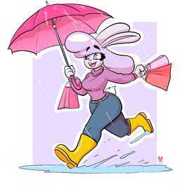 anthro belt blue_eyes female puddle raining rubber_boots running shopping_bag solo splash umbrella plushii_b lavender_buns lagomorph leporid mammal rabbit