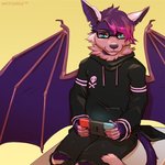 anthro bat_wings black_clothing black_hoodie black_topwear blue_eyes clothing eyewear glasses hair hoodie male membrane_(anatomy) membranous_wings purple_hair solo topwear wings kaitycuddle bat mammal 1:1 2020 digital_media_(artwork)