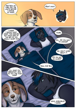 annoyed anthro bed bed_sheet bedding black_body black_fur black_hair blanket blue_eyes blush border brown_eyes claws clothing cutaway dialogue duo ear_piercing ear_ring eyebrow_through_hair eyebrows fur furniture hair headboard highlights_(coloring) looking_at_another looking_at_partner looking_away lying male night nightshirt on_back on_side piercing pillow ring_piercing romantic romantic_couple shirt smile tan_body tan_fur tank_top text topwear translucent translucent_hair turning_head white_border gaikotsu airam tauski canid canine canis domestic_dog mammal wolf comic english_text hi_res