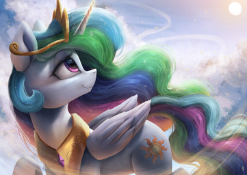 cloud crown cutie_mark eyebrows eyelashes feathered_wings feathers female feral hair headgear hooves horn long_hair looking_back looking_up multicolored_hair outside purple_eyes rainbow_hair raised_leg royalty sky smile solo sun walking white_body white_feathers wings vanillaghosties friendship_is_magic hasbro my_little_pony mythology princess_celestia_(mlp) equid equine mammal mythological_creature mythological_equine winged_unicorn 2018 absurd_res hi_res portrait