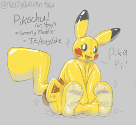 after_transformation ambiguous_gender feral glistening glistening_body glistening_latex grey_background handles_on_hips implied_transformation inflatable latex neopronouns pokemon_speak pool_toy pronouns simple_background sitting solo yellow_body meltyautumn nintendo pokemon fan_character maddie_(meltyautumn) animate_inanimate generation_1_pokemon latex_creature living_inflatable living_latex mammal pikachu pokemon_(species) rodent hi_res