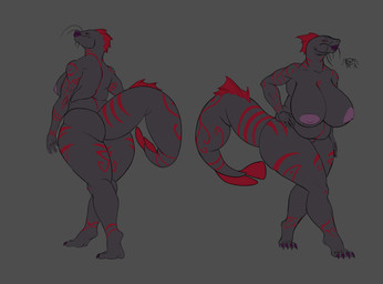 anthro big_breasts black_body black_skin breasts female nipples nude overweight red_eyes solo tail tattoo alester_nibras yetzer_hara annelid aquatic catfish demon fish jinn leech worm absurd_res digital_media_(artwork) hi_res