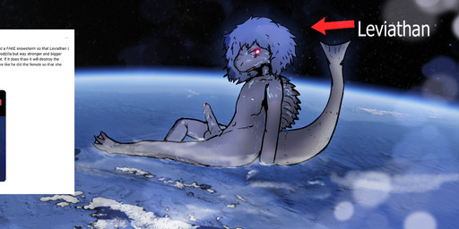 anthro balls bioluminescence blue_hair bodily_fluids conspiracy_theory cum cute_fangs dorsal_fin earth erection fangs feet fin genital_fluids genitals giga glowing glowing_eyes grey_body grey_skin hair landscape_dwarfing macro male membrane_(anatomy) navel nipples nude open_mouth penis planet red_eyes sea solo space spines tail tail_fin teeth text toes water webbed_feet teruni-inamor jewish_mythology mythology aquatic aquatic_dragon dragon leviathan mythological_creature mythological_marine mythological_scalie scalie english_text