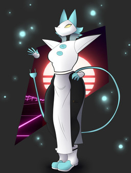 anthro big_breasts blue_body blue_fur boots breasts clothed clothing female floating_hands footwear fur hair hand_on_hip legwear machine shoes simple_background solo standing yellow_eyes photolol.03 deltarune undertale_(series) tasque_manager darkner felid mammal robot absurd_res hi_res