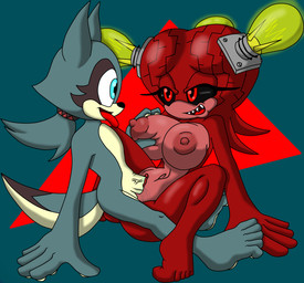 5_toes accessory anthro areola big_brain big_breasts big_head black_nose black_sclera blue_eyes bodily_fluids breast_grab breasts butt butt_from_the_front clitoris countershade_breasts countershade_face countershade_genitalia countershade_penis countershade_torso countershading cybernetic_eye cybernetics deck_chair_position duo excited eyelashes fangs feet female fur genital_fluids genitals glistening glistening_body grey_body grey_fur grey_hair hair hair_accessory hair_tie half-closed_eyes hand_on_breast huge_brain huge_head humanoid_feet light_bulb machine male male/female narrowed_eyes navel nipples nude open_mouth penetration penis plantigrade ponytail red_background red_body red_countershading red_eyes red_hair sex sharp_teeth simple_background smile spread_legs spreading tan_body tan_countershading teal_background teeth toes tongue tongue_out vaginal vaginal_fluids vaginal_penetration vein veiny_penis vulva white_sclera wide_eyed zoner sega sonic_the_hedgehog_(series) annabelle_d._cerebella fan_character juniper_(redpyrodragon) anthozoan aquatic brain_coral canid canine canis cnidarian coral domestic_dog husky mammal nordic_sled_dog spitz 2018 hi_res