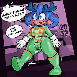 anthro antlers big_breasts blue_body blue_eyes blue_fur boots breasts clothed clothed_anthro clothed_gynomorph clothing dialogue footwear freckled_face freckles fur gloves green_boots green_clothing green_footwear green_latex gynomorph handwear horn hypnosis intersex latex latex_boots latex_clothing latex_footwear latex_uniform lock_bulge lock_symbol marching mind_control null_bulge shoes solo speech_bubble text white_clothing white_gloves white_handwear wide_hips blueberrygrizzly meatcorp sega sonic_the_hedgehog_(series) fan_character myth_the_jackalope jackalope lagomorph mammal 2025 english_text hi_res