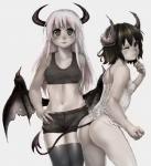 2015 absolute_territory black_hair blue_eyes bottomwear breast_size_difference breasts bustier butt clothed clothing demon duo eroknight female grey_body grey_skin hair hand_on_hip hi_res horn humanoid legwear long_hair membrane_(anatomy) membranous_wings midriff multicolored_hair navel not_furry one_eye_closed panties pink_hair red_eyes shirt short_hair shorts small_breasts spade_tail tail tank_top thigh_highs thong topwear underwear white_hair wings wink