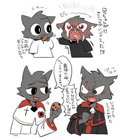 angry anthro black_clothing black_topwear blush bodily_fluids clothing cookie crying duo eating_cookie embarrassed eye_scar facial_scar fangs fist food gesture hand_gesture holding_cookie holding_food holding_object male open_mouth pointing scar shaking snot tears teeth text tongue topwear trembling upset white_clothing white_topwear young young_anthro young_male 2_3up cult_of_the_lamb massive_monster_(studio) aym_(cult_of_the_lamb) baal_(cult_of_the_lamb) domestic_cat felid feline felis mammal absurd_res hi_res japanese_description japanese_text translated brother_(lore) brothers_(lore) sibling_(lore)