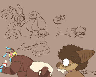ambiguous_gender antennae_(anatomy) anthro bent_over big_ears big_nose blush blush_lines bodily_fluids brown_body brown_fur brown_hair curly_hair dairy_products dialogue duo exoskeleton eyes_closed female food food_on_butt freckles fur genitals hair looking_at_another looking_back lucha_libre_mask mandibles mask motion_lines muscular muscular_female nude paper rear_view speech_bubble sports_mask sportswear sweat sweatdrop text vulva wearing_mask whipped_cream wide_eyed wrestler wrestling_mask carameltsi rivals_of_aether la_reina_(rivals_of_aether) ti-ti ant arthropod bat hymenopteran insect mammal 5:4 hi_res sequence