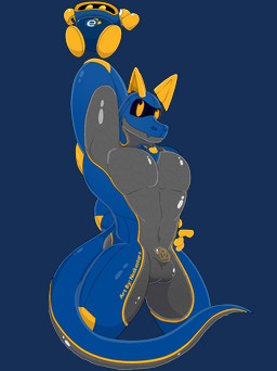 anthro bulb bulge duo fur glistening glistening_body lock machine magnet male muscular muscular_male pecs simple_background size_difference smile text conditional_dnp notkastar e621 tech-mo_(character) animatronic mammal robot alpha_channel hi_res signature