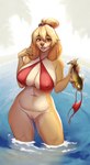 accessory anthro big_breasts bikini blonde_hair bottomless breasts brown_nose clothed clothing female floppy_ears genitals hair hair_accessory hair_tie holding_fish long_ears nipple_outline open_mouth partially_submerged pussy solo standing_in_water swimwear two-piece_swimsuit wet creativeevil animal_crossing nintendo isabelle_(animal_crossing) canid canine canis domestic_dog mammal shih_tzu toy_dog absurd_res hi_res