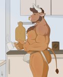 anthro beverage big_butt body_hair brown_body brown_eyes brown_fur brown_hair bulge butt chest_hair chest_tuft clothing coffee container cup erect_nipples eyebrows facial_piercing fur hair half-closed_eyes holding_belly horn jockstrap kitchen light male mostly_nude musclegut muscular narrowed_eyes nipples nose_piercing nose_ring overweight overweight_anthro overweight_male piercing ring_piercing simple_background smile solo sunlight thick_eyebrows tuft underwear white_background white_clothing white_underwear hano101 bovid bovine cattle mammal absurd_res hi_res