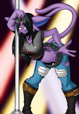 4_fingers alternative_fashion anthro belt bent_over black_hair black_nose boots bottomwear breasts clothed clothing clothing_pull crop_top denim denim_bottomwear denim_clothing eyewear female fingers footwear forked_tail fur glasses hair humanoid_hands jeans looking_at_viewer midriff pants pokemorph pole punk purple_body purple_fur shirt shoes smile solo standing tail tattoo thong thong_pull topwear torn_bottomwear torn_clothing torn_jeans torn_pants tramp_stamp translucent translucent_hair underwear underwear_pull unusual_anatomy unusual_tail avencri upstairstudios nintendo pokemon survival_of_the_fittest lavender_evans eeveelution espeon generation_2_pokemon pokemon_(species) 2016 hi_res