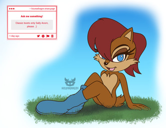 anthro auburn_hair blue_eyes boots boots_only breasts butt clothing eyelashes featureless_breasts female footwear footwear_only grass hair looking_at_viewer mostly_nude plant scut_tail shoes short_tail sitting solo tail text kizunadragon sega sonic_the_hedgehog_(satam) sonic_the_hedgehog_(series) sally_acorn chipmunk ground_squirrel mammal rodent sciurid absurd_res english_text hi_res signature