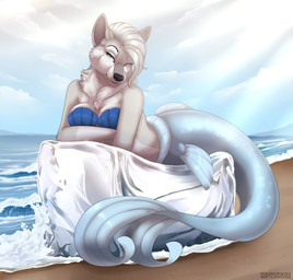 anthro bare_shoulders beach blue_bra blue_clothing blue_underwear bra breasts cleavage clothed clothed_anthro clothed_female clothing cloud countershading crossed_arms female fur glistening glistening_body glistening_scales green_eyes grey_body grey_fur hair ice light light_beam looking_at_viewer lying mermaid_tail on_front scales sea seashell_bra sky solo split_form strapless_bra strapless_clothing strapless_underwear sunbeam sunlight tail underwear water white_body white_countershading white_fur white_hair white_scales white_tail yoko_darkpaw alessa_(whitemerwolf) aquatic canid canine canis domestic_dog husky mammal merfolk nordic_sled_dog spitz 2022 absurd_res hi_res