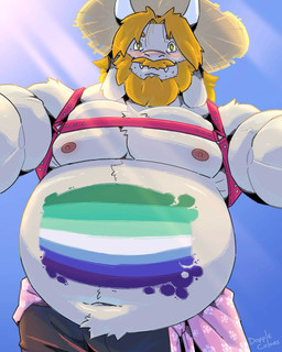 anthro beard blonde_beard blonde_facial_hair blonde_hair blonde_mustache blush chest_harness chest_tuft clothing facial_hair fur green_eyes hair harness hat headgear headwear horn lgbt_pride looking_at_viewer male musclegut muscular muscular_anthro muscular_male mustache nipples outside pride_colors shirtless shirtless_anthro shirtless_male solo standing straw_hat tuft vincian_pride_colors white_body white_fur dopple_colors undertale_(series) asgore_dreemurr bovid caprine goat mammal 4:5 absurd_res hi_res