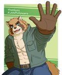 anthro barazoku blue_eyes bottomwear brown_body brown_fur clothing fur humanoid_hands kemono male muscular muscular_anthro muscular_male pants shirt sitting solo topwear jacklantern_11 canid canine mammal raccoon_dog tanuki 2020 5:6 hi_res