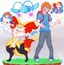 ambiguous_gender anthro backpack blue_eyes body_swap brown_hair dialogue fangs female fur gender_transformation group hair heart_swap male mtf_transformation pokemon_speak red_eyes simple_background species_transformation stick teeth text thick_thighs transformation trio yellow_body yellow_fur korick17 nintendo pokemon braixen canid canine fox generation_4_pokemon generation_6_pokemon human legendary_pokemon mammal manaphy pokemon_(species) comic english_text hi_res