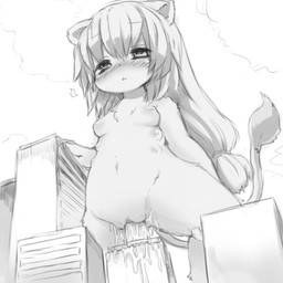 anthro biped blush bodily_fluids breasts building building_insertion chest_tuft female female_anthro fur genital_fluids genitals improvised_sex_toy landscape_dwarfing loli macro macro_anthro macro_female multi_breast nipples open_mouth penetration solo straddling supernumerary_breasts tail tuft vaginal vaginal_fluids vaginal_penetration vulva young young_anthro young_female kishibe felid lion mammal pantherine 1:1 greyscale monochrome