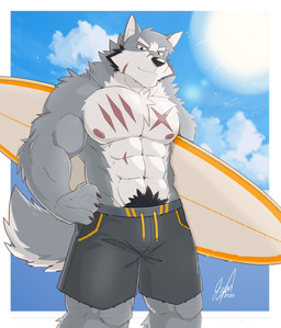 abs anthro areola barazoku biceps biped bottomwear clothed clothing cloud day eyebrows fur grey_body grey_fur hand_on_hip kemono male muscular muscular_anthro muscular_male nipples outside pecs pose pubes scar shorts sky smile solo standing sun surfboard swimming_trunks swimwear topless zen_crael canid canine canis mammal wolf 2022 hi_res signature