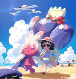 ambiguous_gender beach black_hair blue_body clothed clothing cloud eyewear female feral flower footwear group hair hammer headgear headwear markings multicolored_body one-piece_swimsuit outside pink_body plant pool_float pool_toy sand sandals shoes sunglasses swimwear tongue tongue_out tools walking water white_body wings young tamashi-carnival nintendo pokemon poppy_(pokemon) avian cetacean elemental_creature finizen generation_1_pokemon generation_3_pokemon generation_7_pokemon generation_9_pokemon human humanoid mammal marine mineral_fauna pokemon_(species) sand_creature sandygast shellder tinkaton wiglett wingull 2025 digital_media_(artwork)